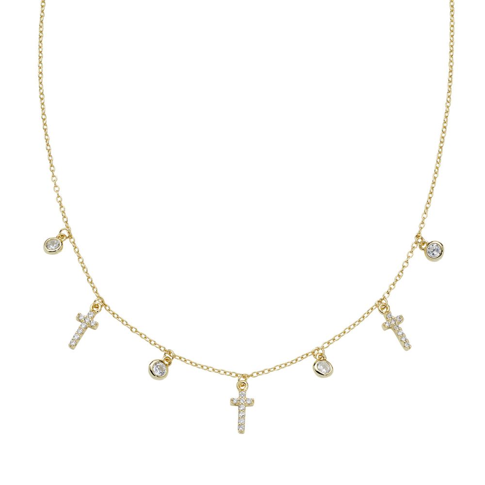 Amen Collana Argento Gold Croci e Zirconi Bianchi