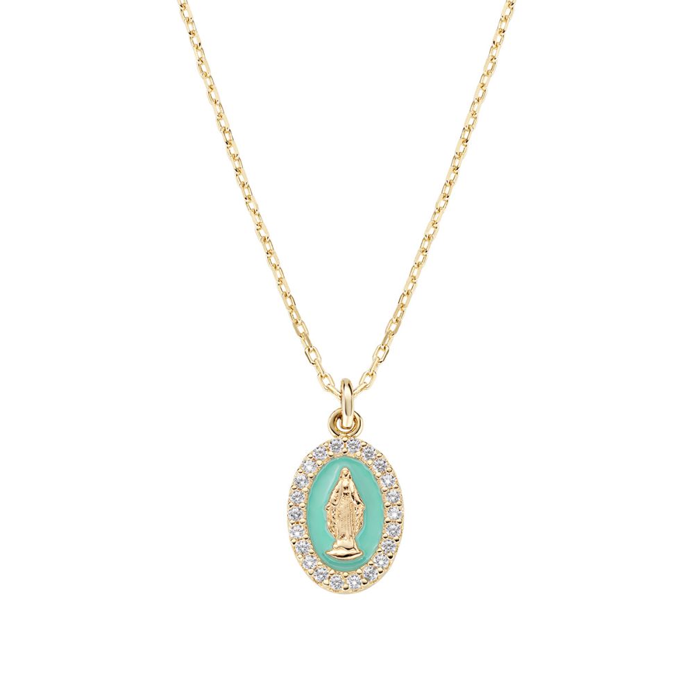 Amen Collana Argento Gold Madonnina Verde e Zirconi