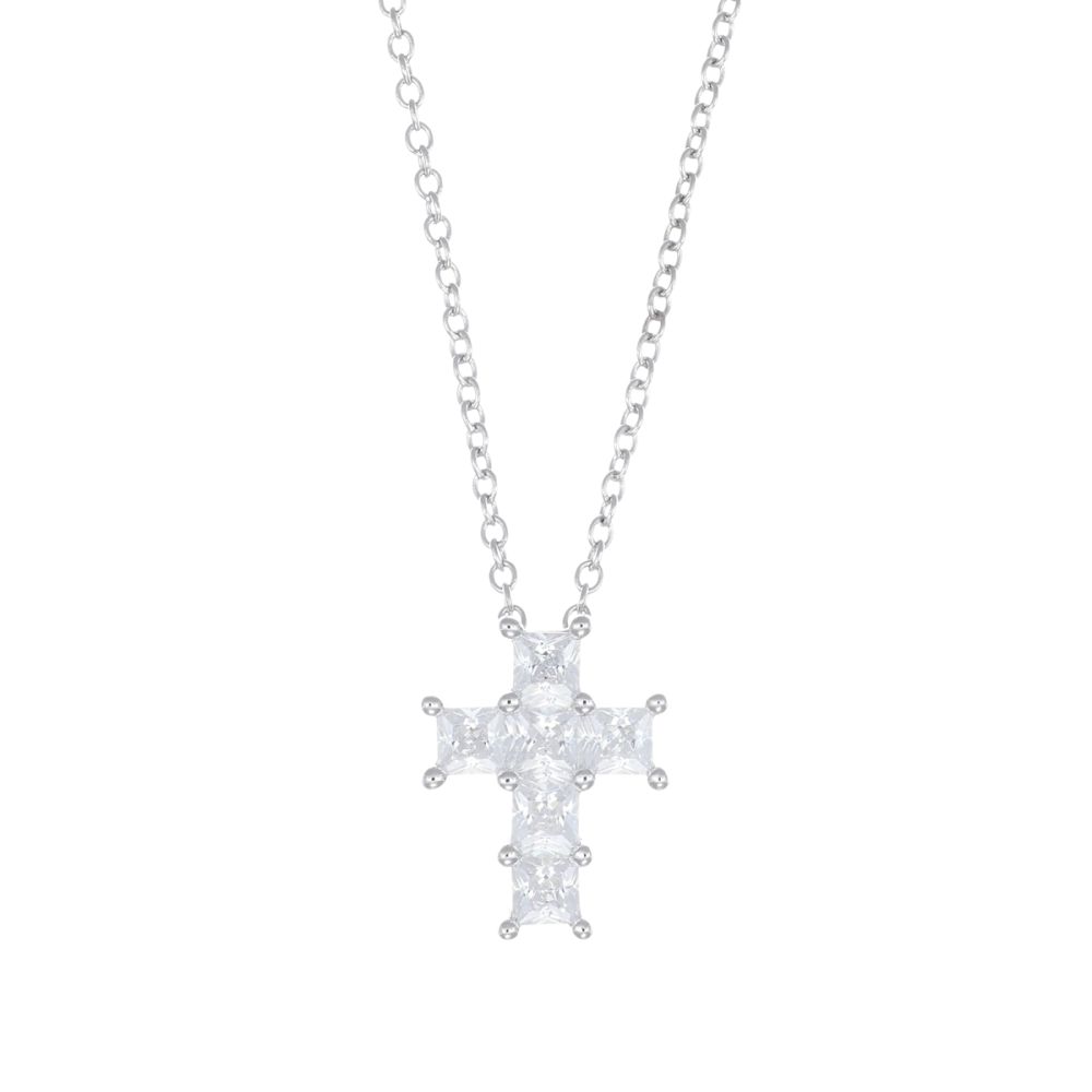 Amen Collana Argento Croce Zirconi Bianchi