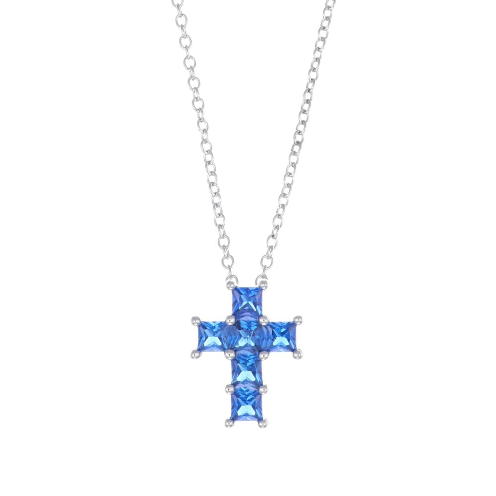 Amen Collana Argento Croce Zirconi Blu