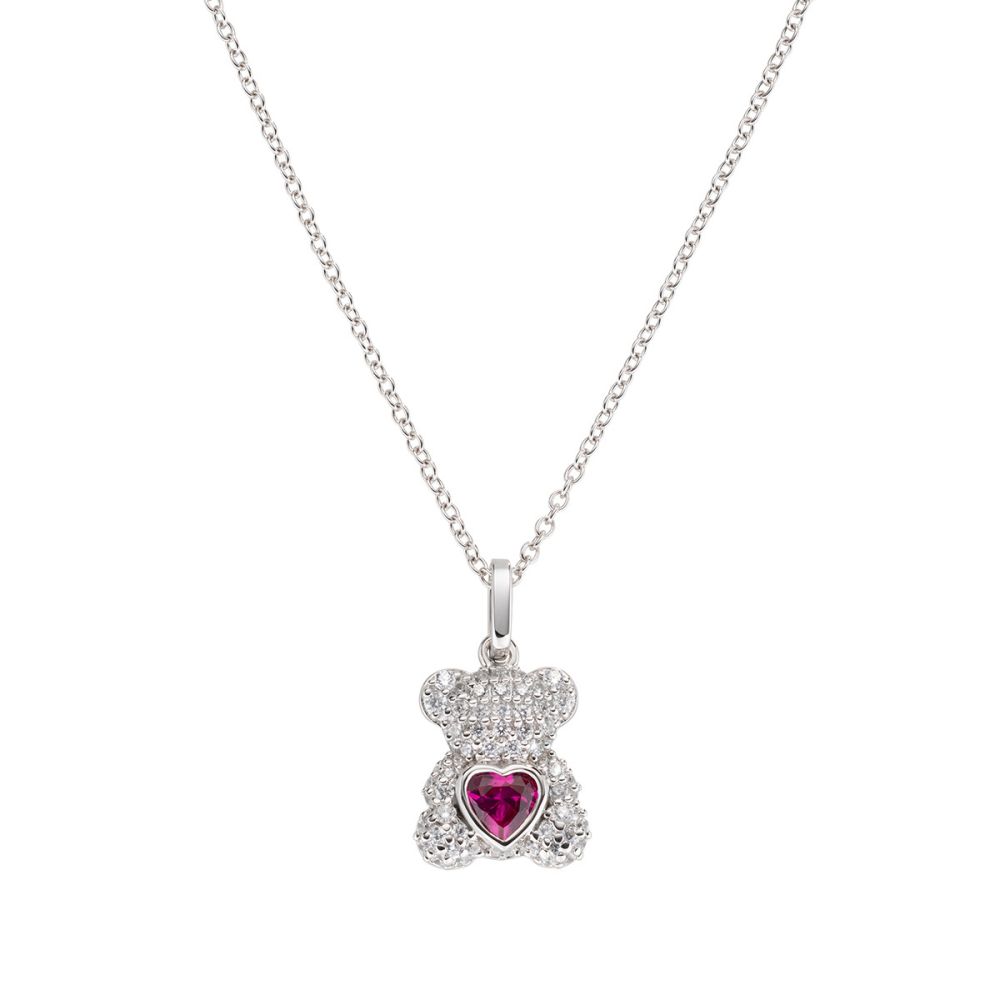 Amen Collana Argento Rodiato Orsetto Zirconato e Rubino
