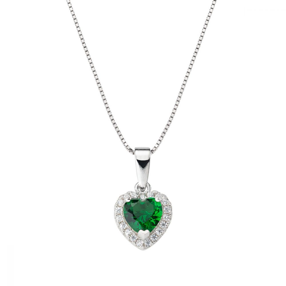 Amen Collana Donna Argento Solitario Cuore Verde e Zirconi