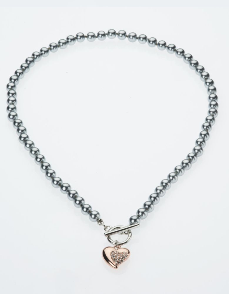 Barbieri Collana Perle Vetro Grigio 6 mm Cuore Metallo Rosè
