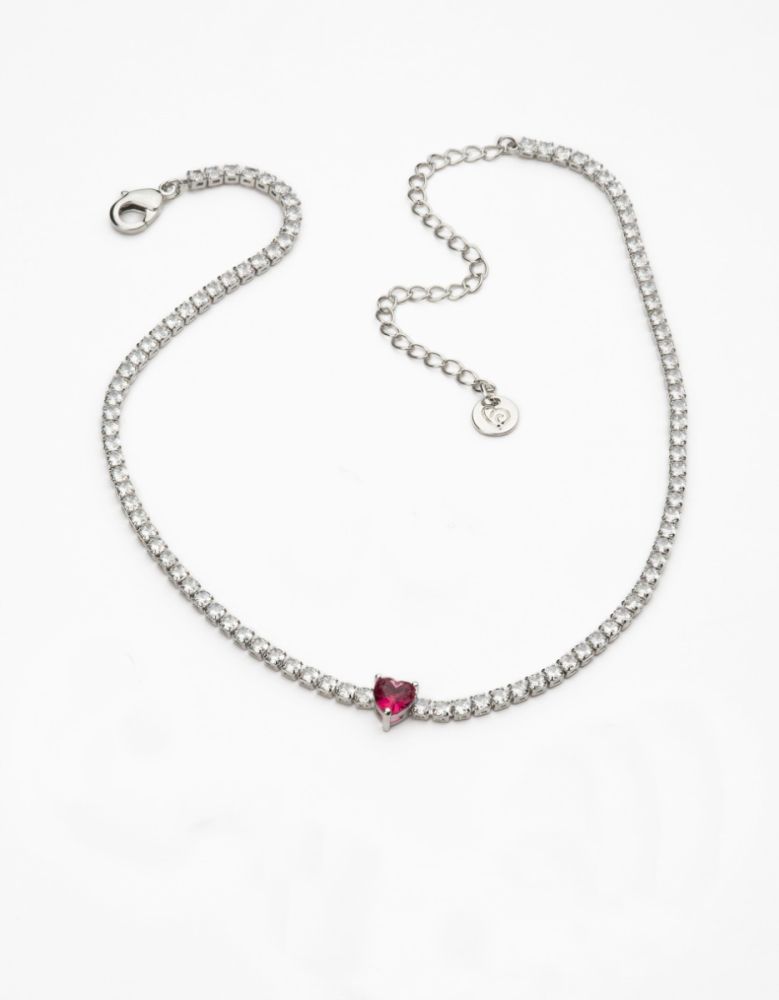 Barbieri Collana Tennis Metallo Rodiato Cuore Rubino