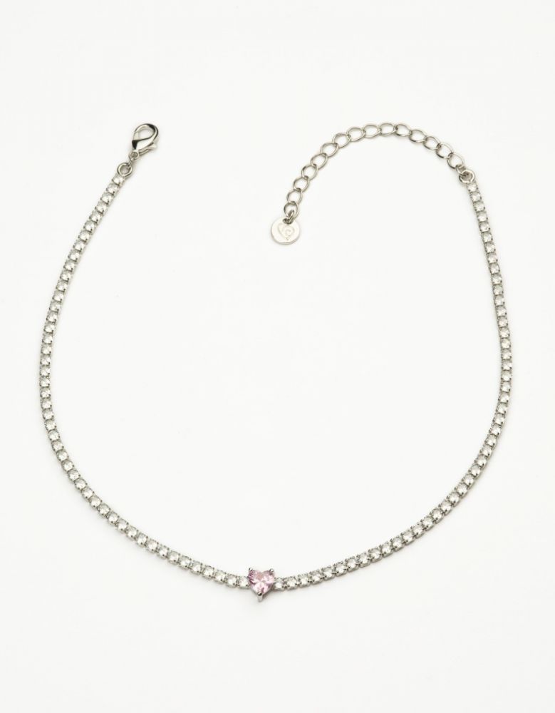 Barbieri Choker Tennis Metallo Rodiato Cristalli Bianchi Cuore Rosa
