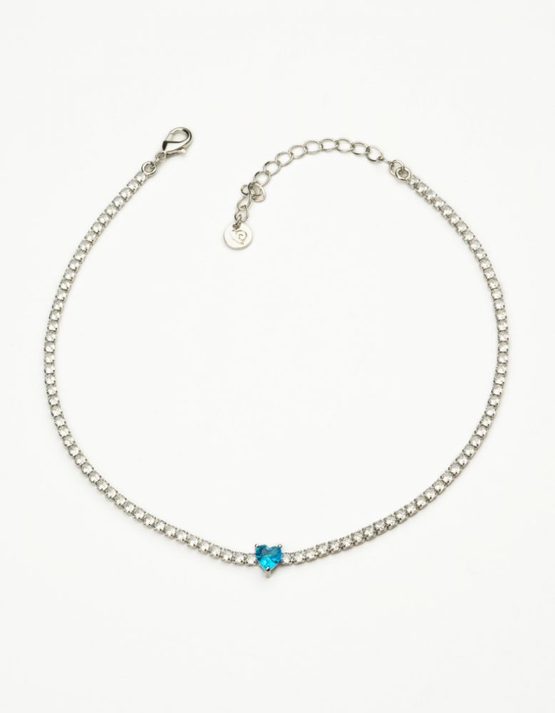 Barbieri Choker Tennis Metallo Rodiato Cristalli Bianchi Cuore Azzurro