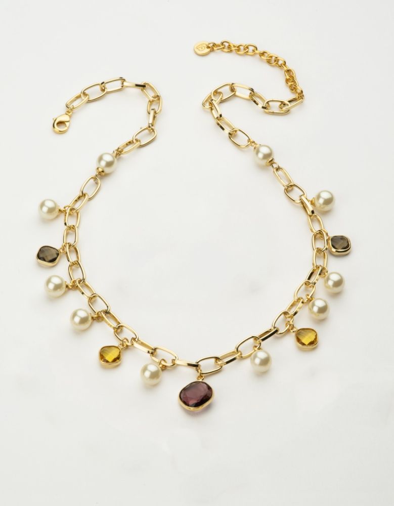 Barbieri Collana Metallo Dorato Perla e Cristalli Multicolor