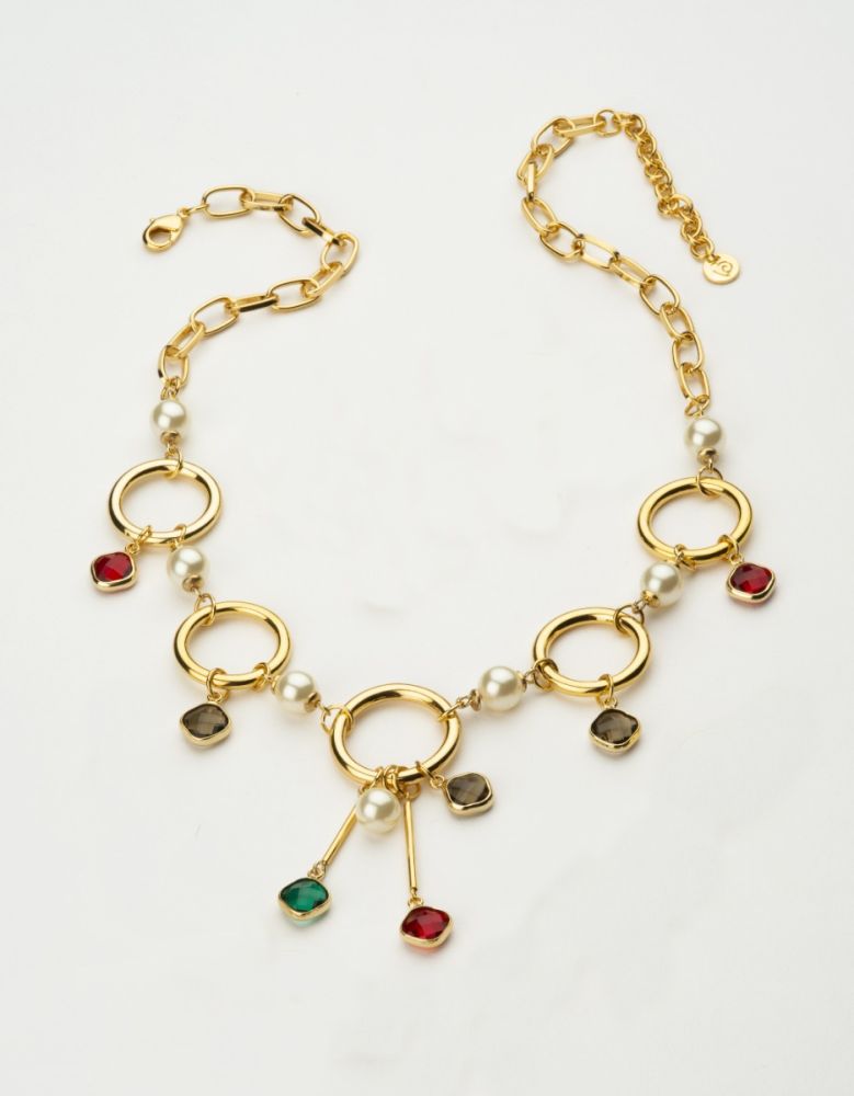 Barbieri Collana Metallo Dorato Cerchi Perle e Cristalli