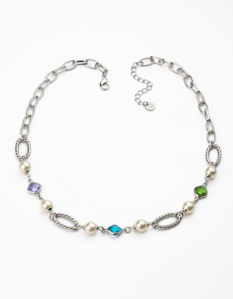 Barbieri Collana Metallo Rodiato Perle e Cristalli