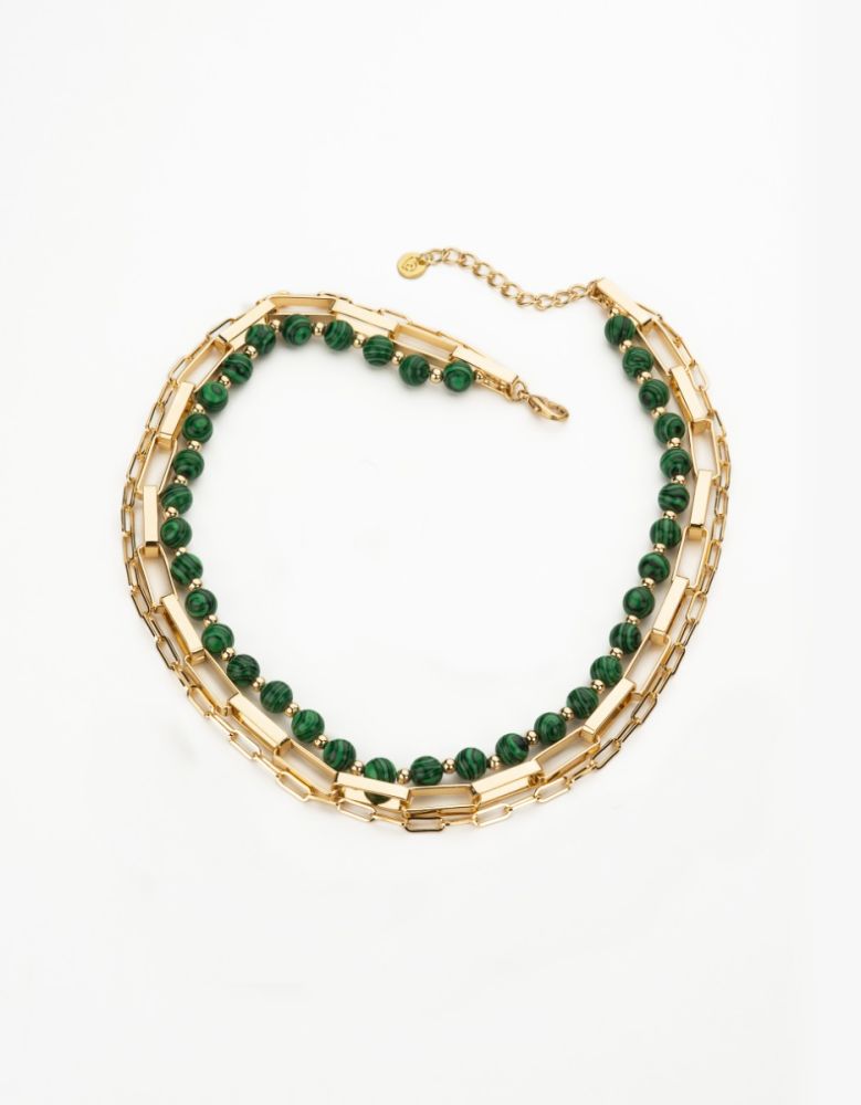 Barbieri Collana 2 Fili Metallo Dorato e Pietre Malachite