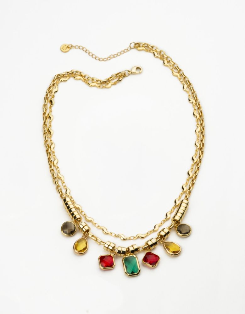 Barbieri Collana Metallo Dorato Cristalli Multicolor