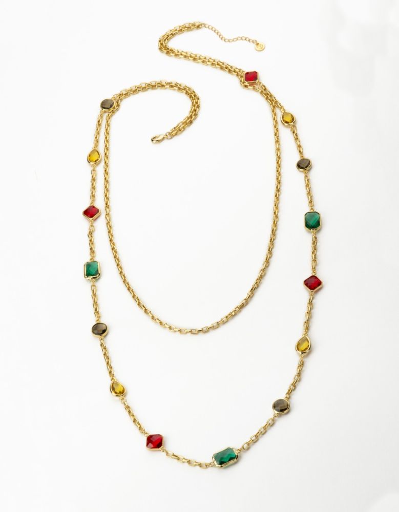 Barbieri Collana 2 Fili Metallo Dorato Cristalli Multicolor