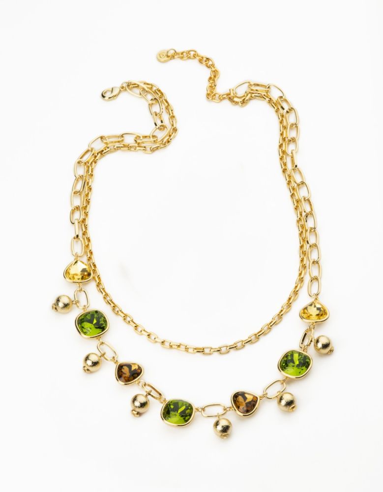 Barbieri Collana 2 Fili Metallo Dorato Cristalli Multicolor