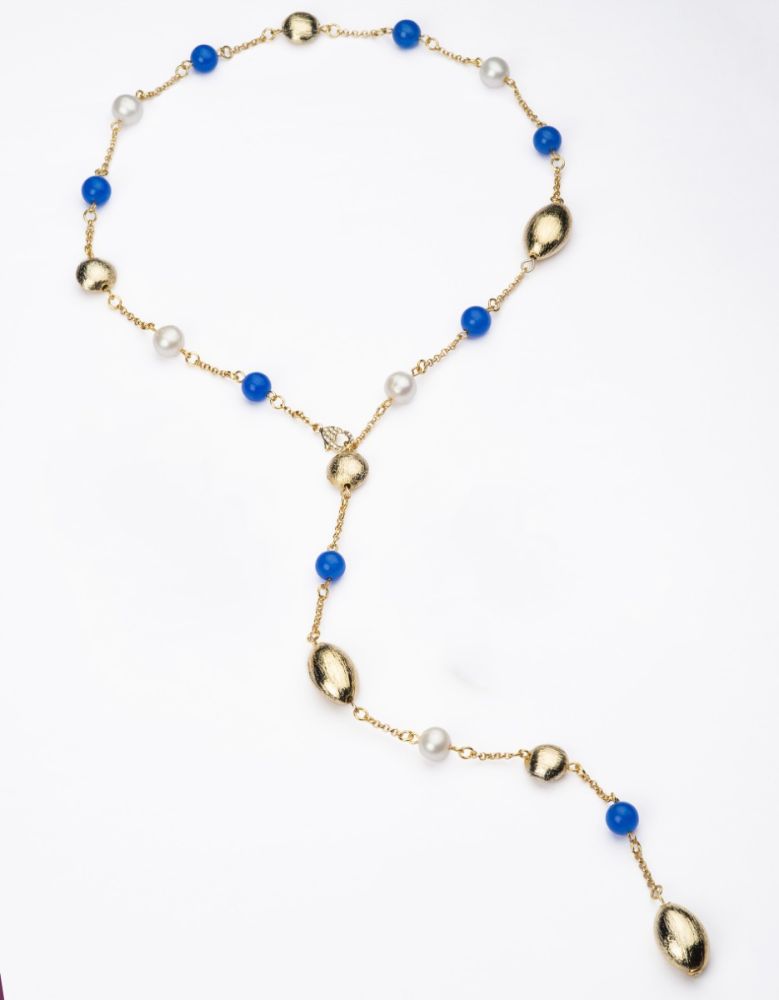Barbieri Collana Ad Y Metallo Dorato Perle e Quarzo Blu