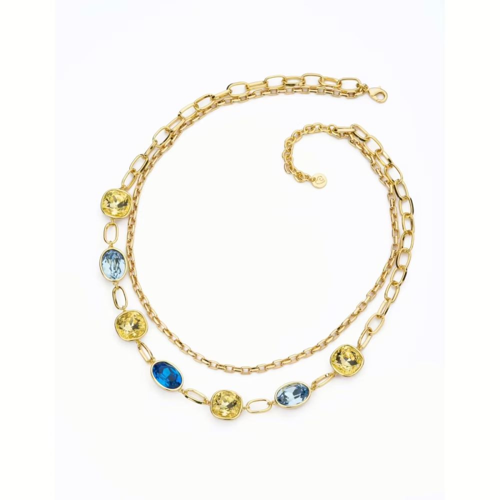 Barbieri Collana 2 Fili Metallo Dorato Cristalli Multicolor