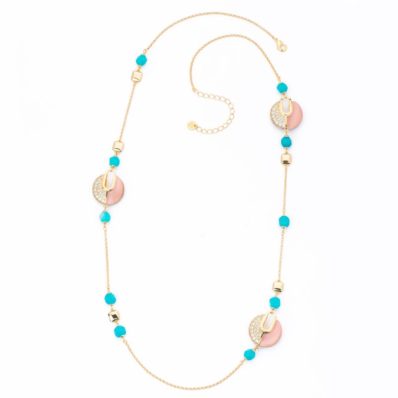 Barbieri Collana Lunga Metallo Gold Pietre e Zirconi