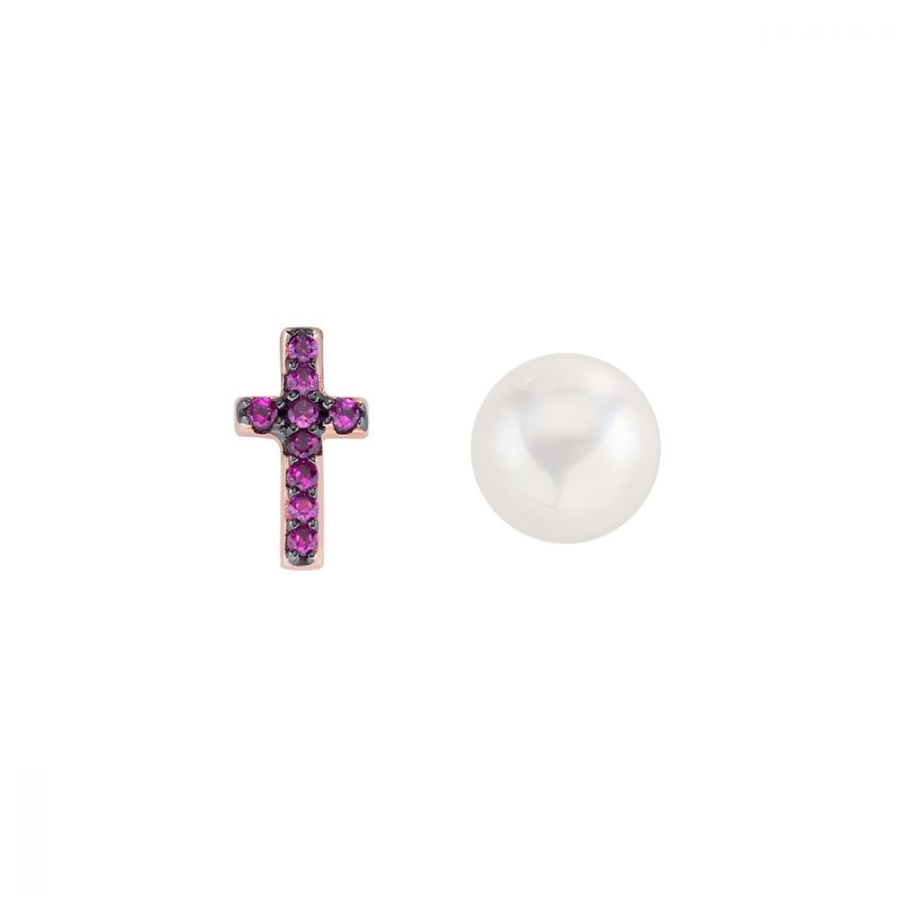 Amen Orecchini Argento Perla e Croce Rubino