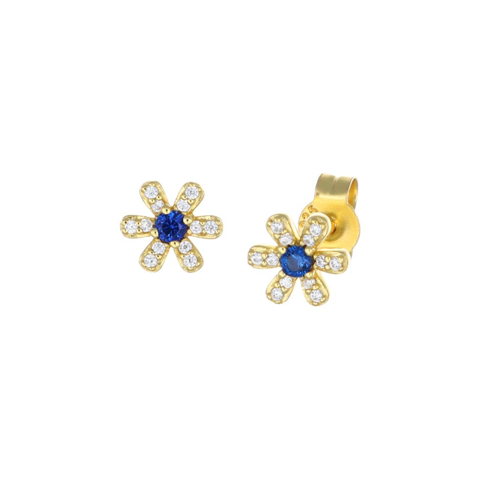 Amen Orecchini Lobo Argento Gold Fiore Zirconi Bianchi e Blu