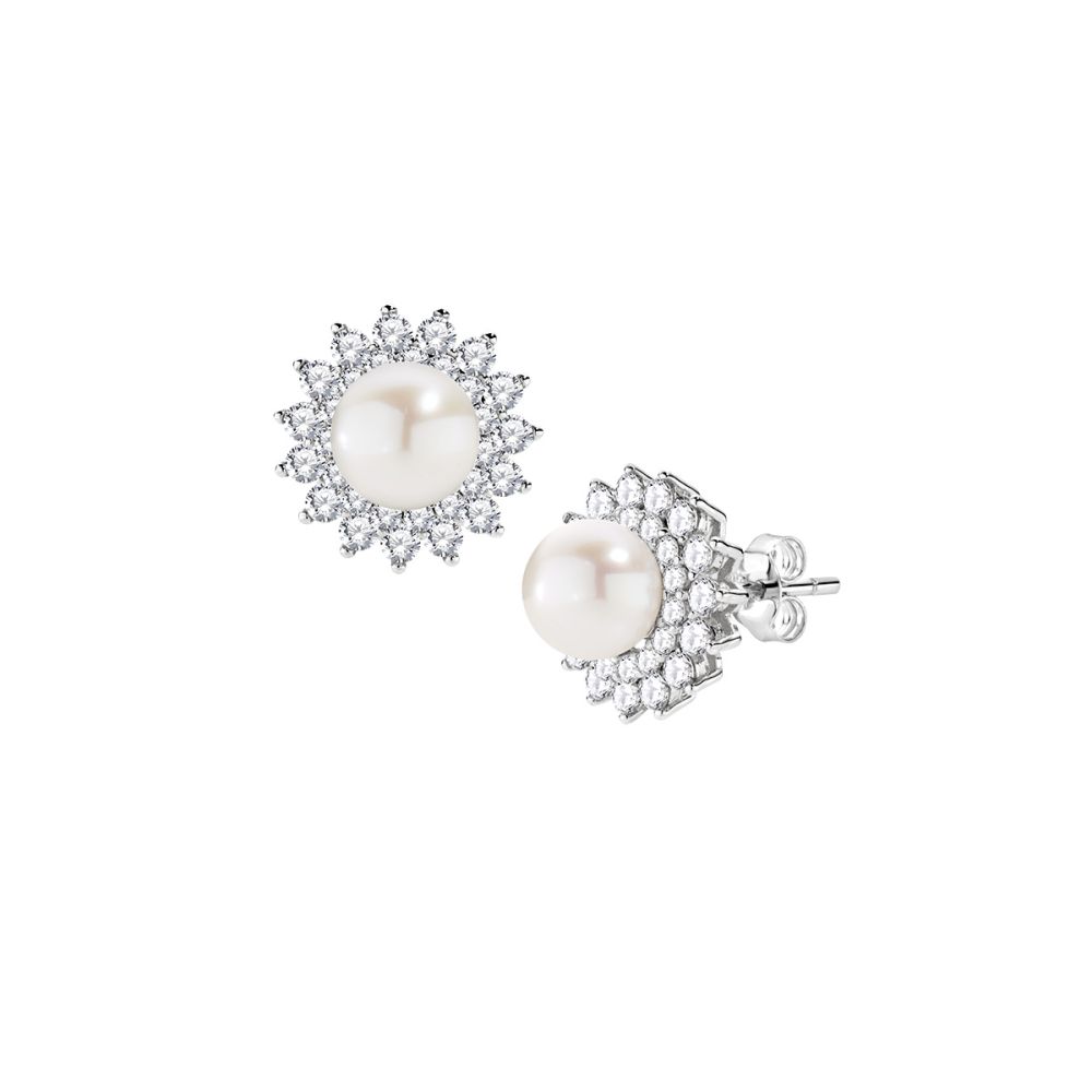 Amen Orecchini Argento Fiore di Zirconi con Perla