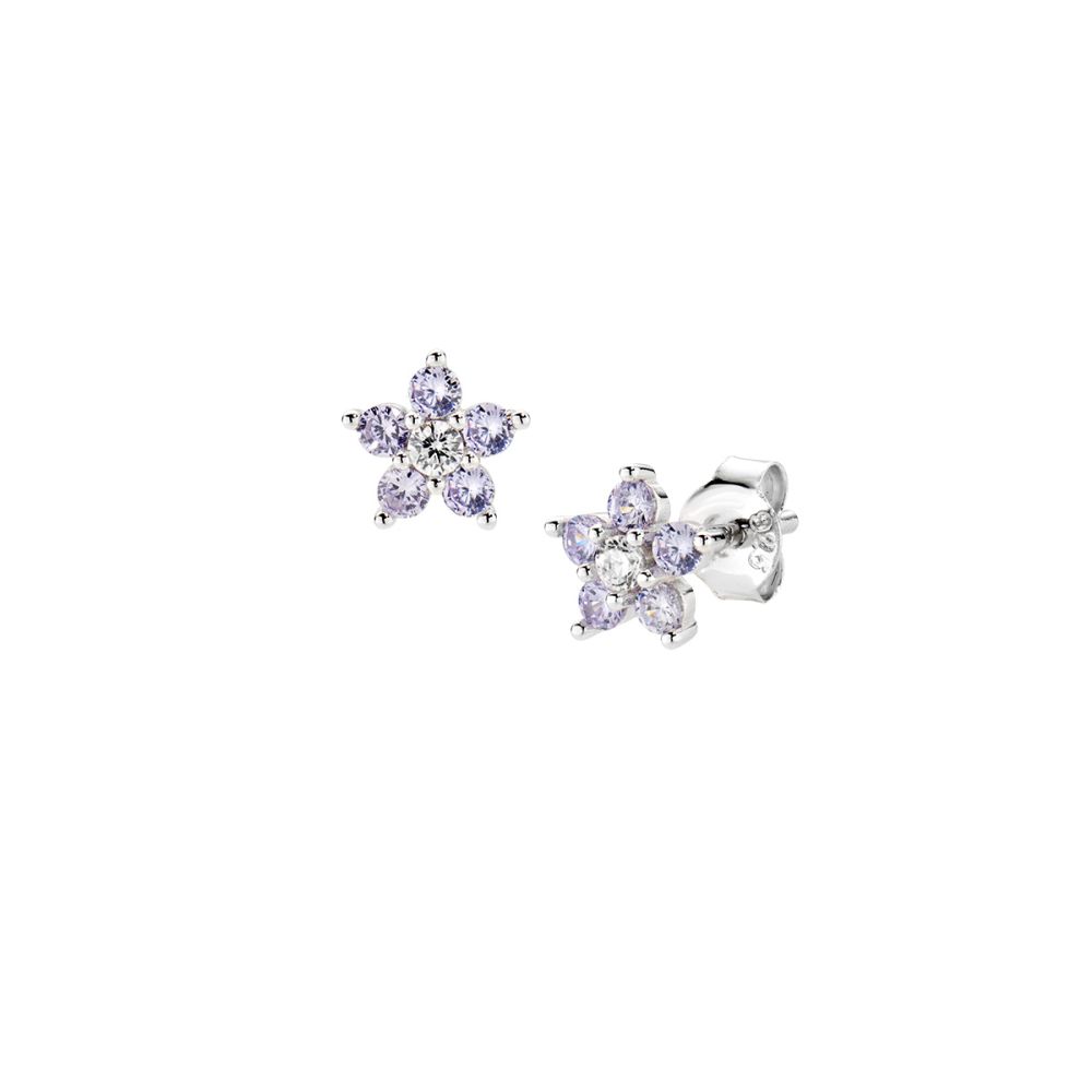 Amen Orecchini Argento Fiore Zirconi Lilla e Bianco