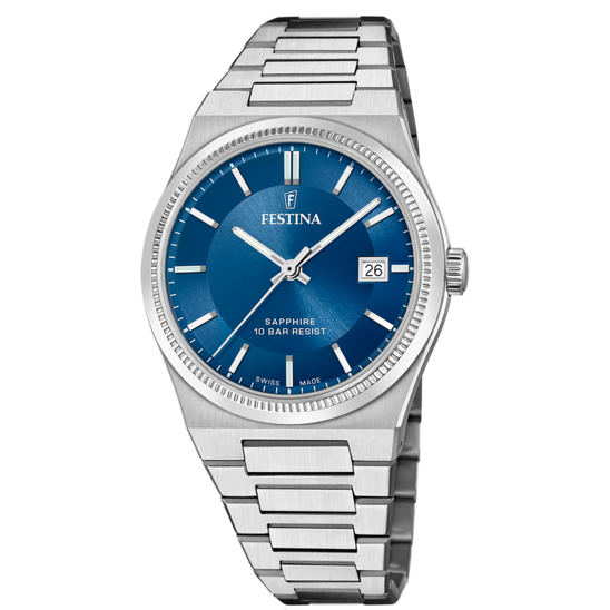 Festina Orologio Swiss Made Acciaio Solo Tempo Quadrante Azzurro