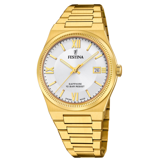 Festina Orologio Swiss Made Acciaio Gold Solo Tempo Quadrante Silver