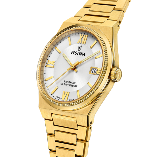 Festina Orologio Swiss Made Acciaio Gold Solo Tempo Quadrante Silver