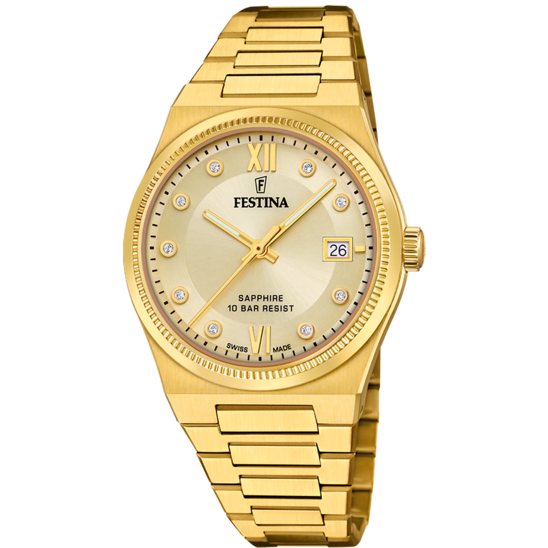 Festina Orologio Swiss Made Acciaio Gold Solo Tempo Quadrante Silver