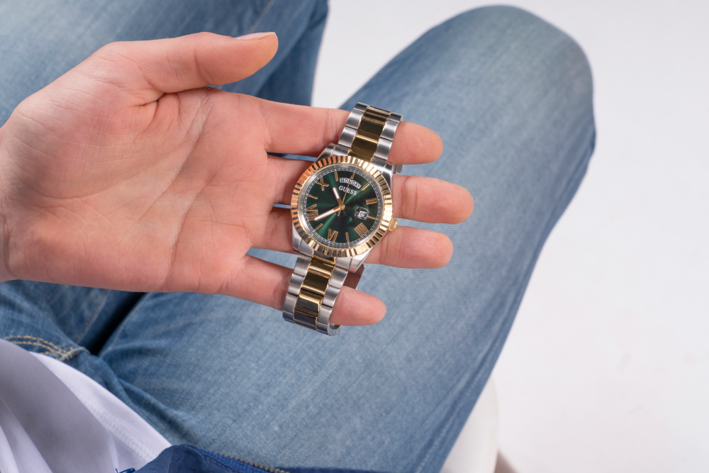 Guess Orologio Acciaio Bicolore Solo Tempo Quadrante Verde