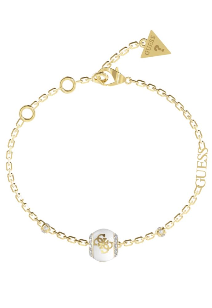 Guess Bracciale Acciaio Dorato Logo 4G Smalto Bianco