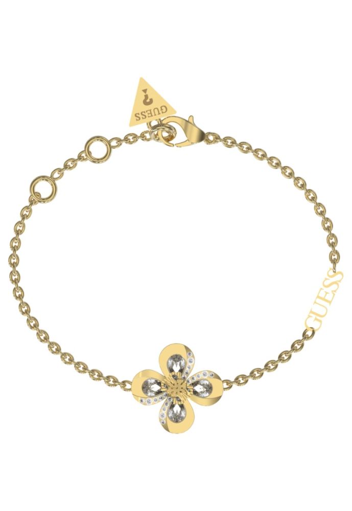 Guess Bracciale Acciaio Gold Fiore Zirconi e Scritta Guess