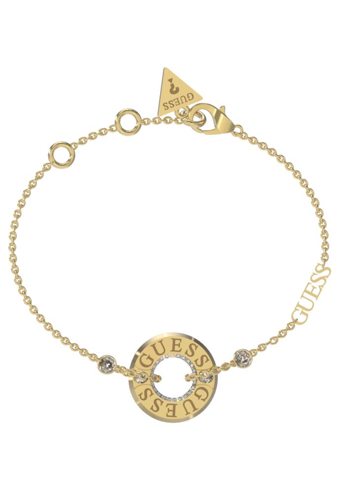 Guess Bracciale Acciaio Gold Zirconi Bianchi e Scritta Guess