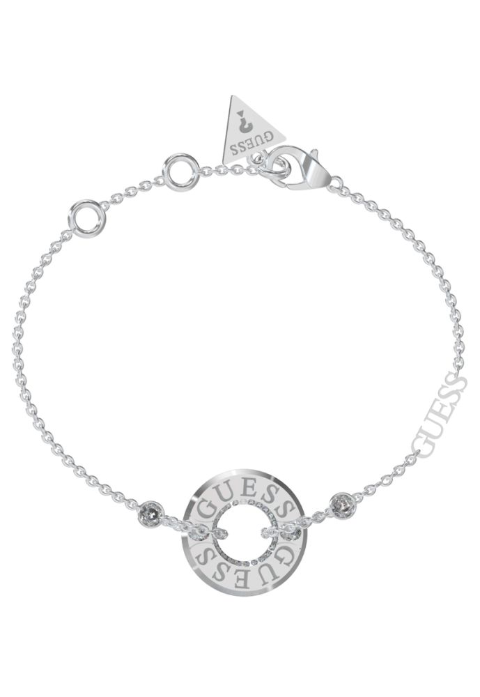 Guess Bracciale Acciaio Zirconi Bianchi e Scritta Guess