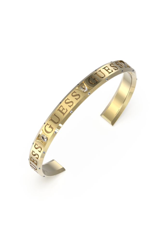 Guess Bracciale Rigido Acciaio Gold Cristalli e Scritta