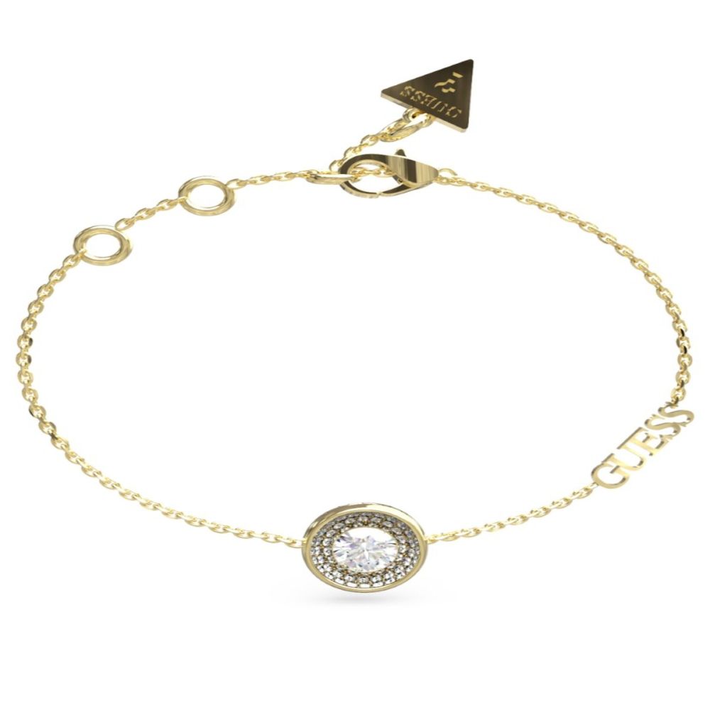 Guess Bracciale Acciaio Gold Elemento Zirconato e Scritta