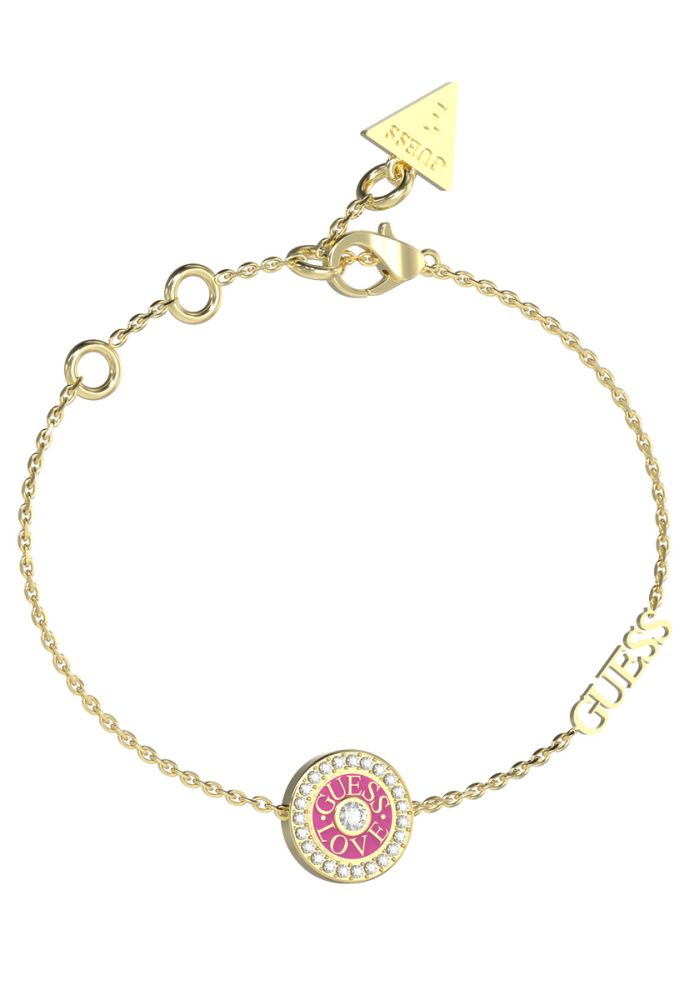 Guess Bracciale Acciaio Gold Centrale Fucsia e Cristalli