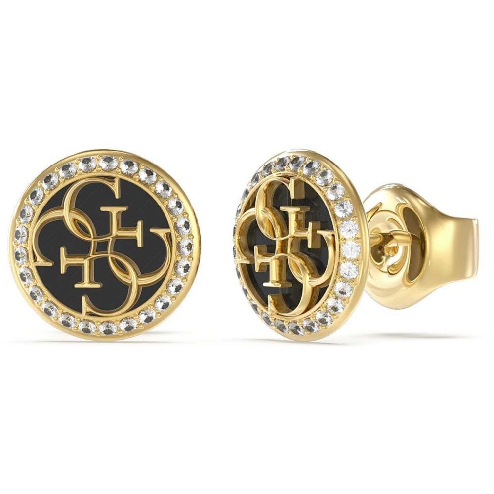 Guess Orecchini Lobo Acciaio Gold Logo 4G Nero e Cristalli