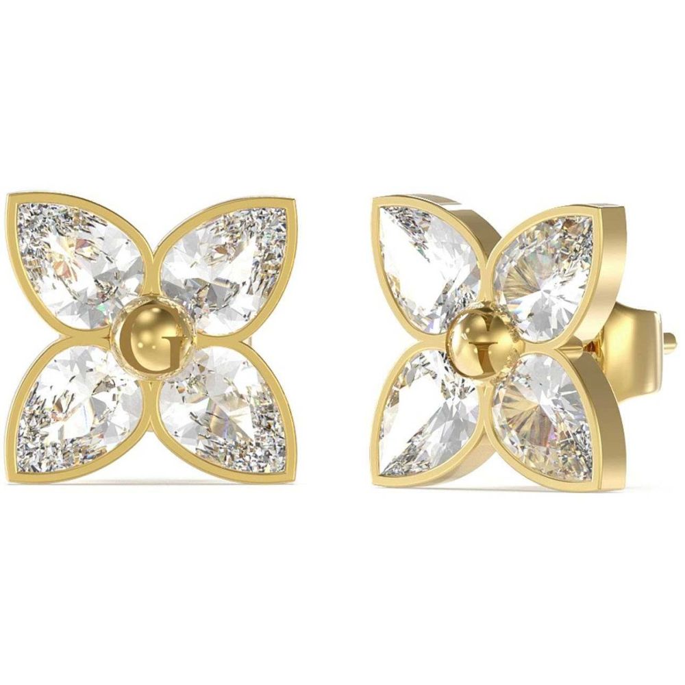 Guess Orecchini Lobo Acciaio Gold Cristalli Bianchi