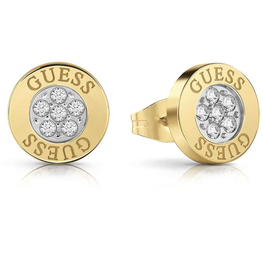 Guess Orecchini Lobo Acciaio Gold Cristalli Bianchi