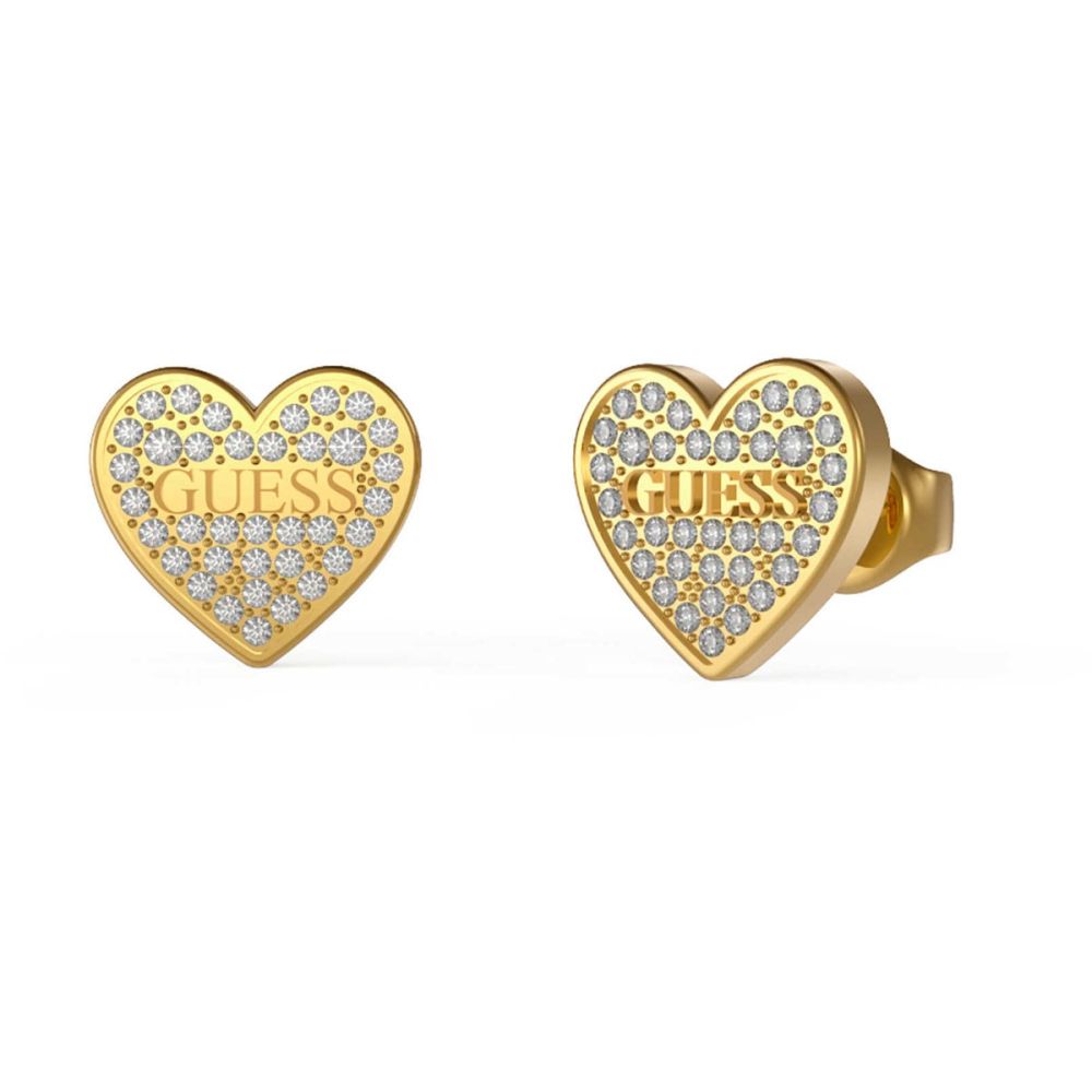 Guess Orecchini Lobo Cuore Acciaio Gold e Zirconi Bianchi