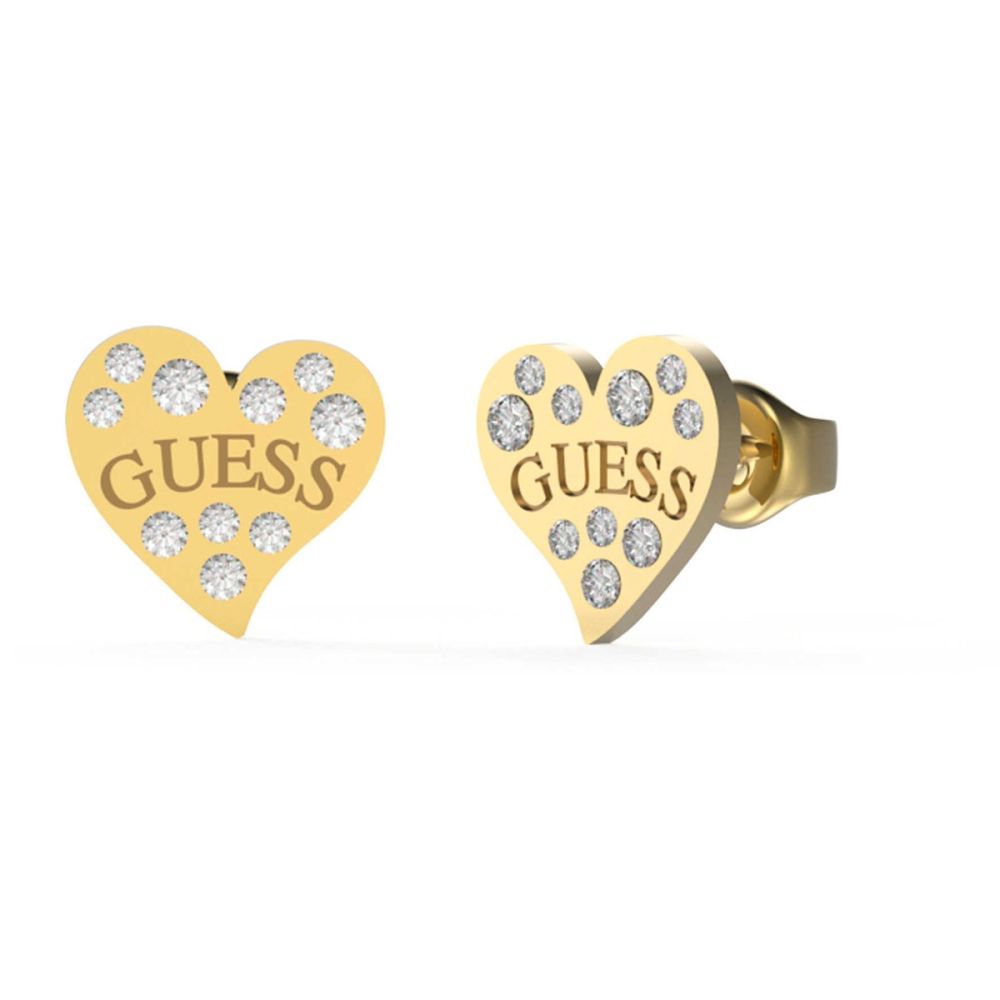 Guess Orecchini Lobo Cuore Acciaio Gold e Zirconi Bianchi