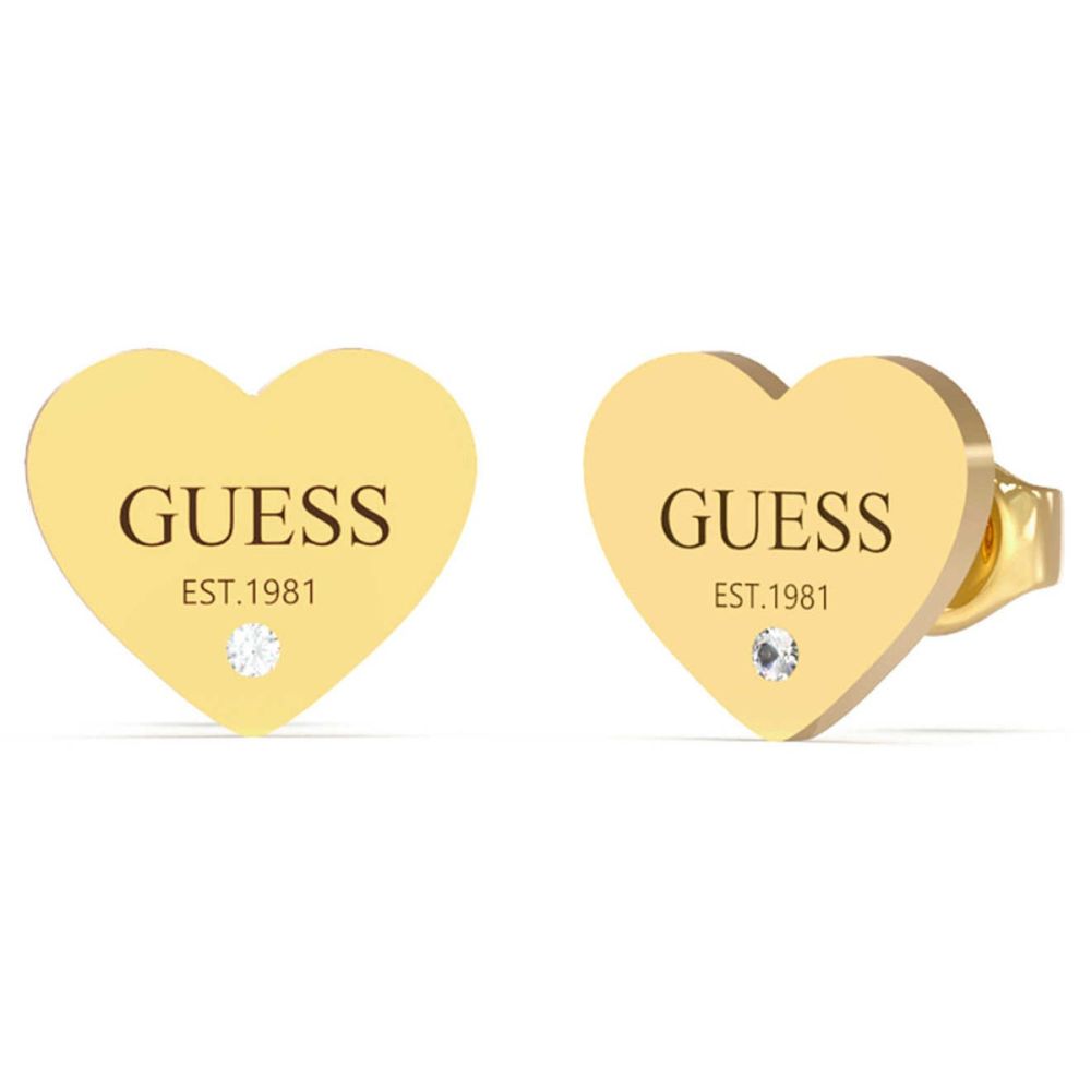Guess Orecchini Lobo Cuore Acciaio Gold Zircone Bianco