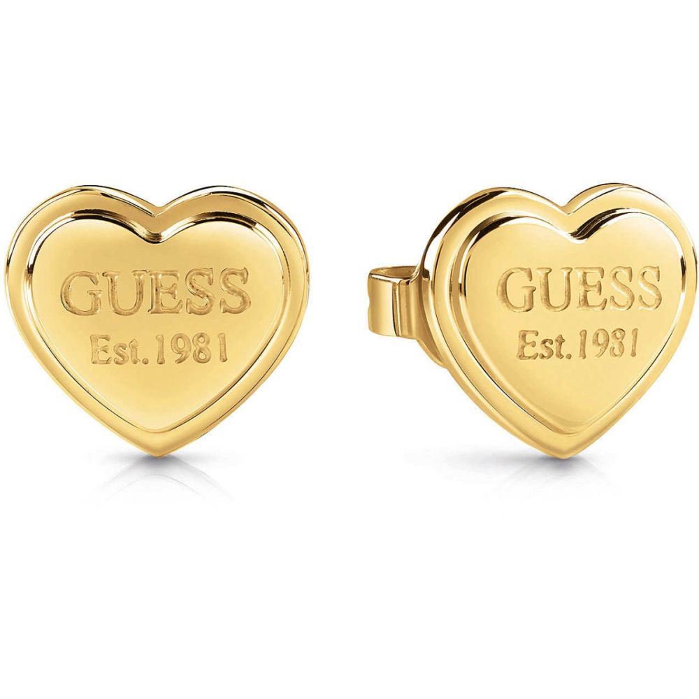Guess Orecchini Lobo Cuore Acciaio Gold Scritta Guess