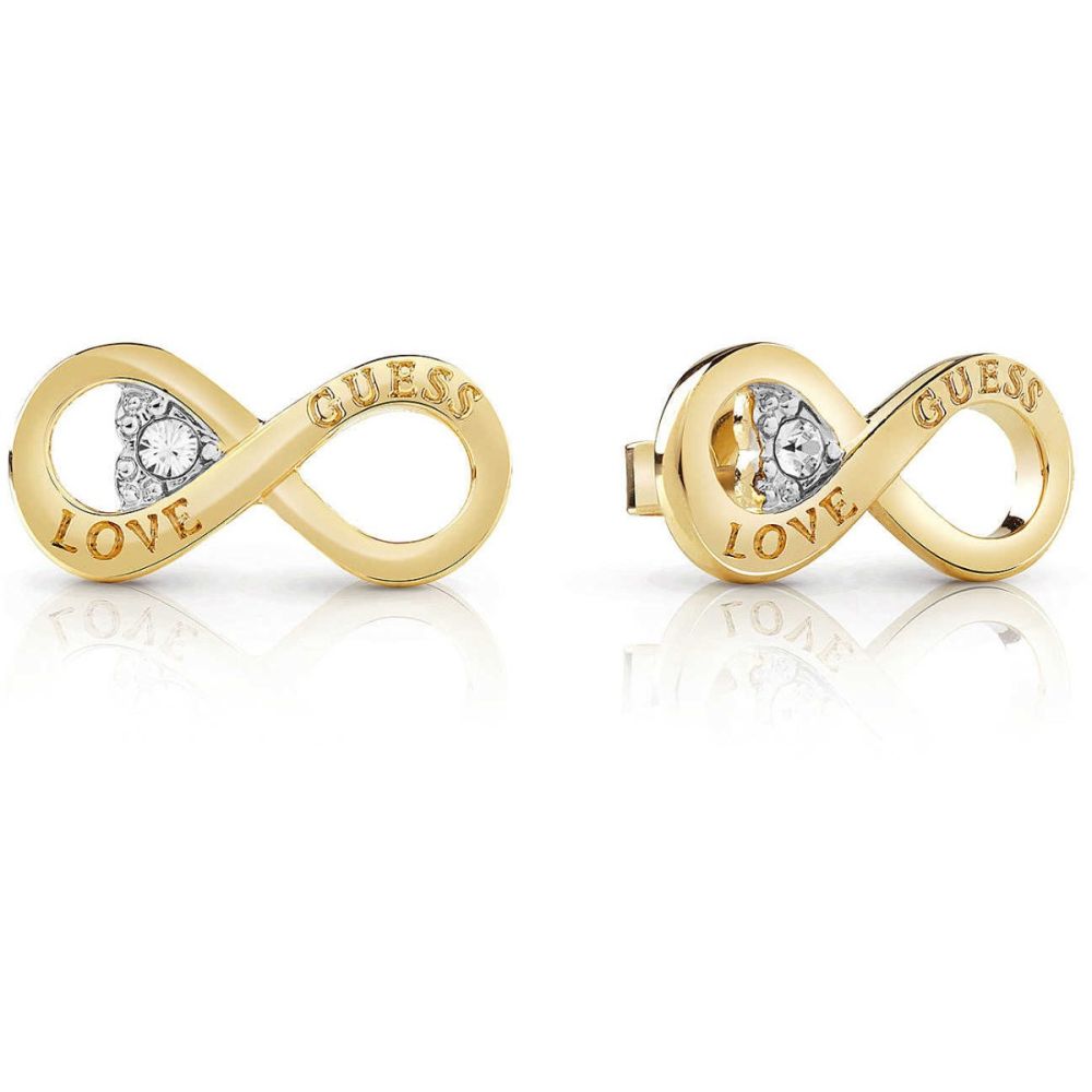 Guess Orecchini Lobo Infinito Acciaio Gold Cristalli Bianchi