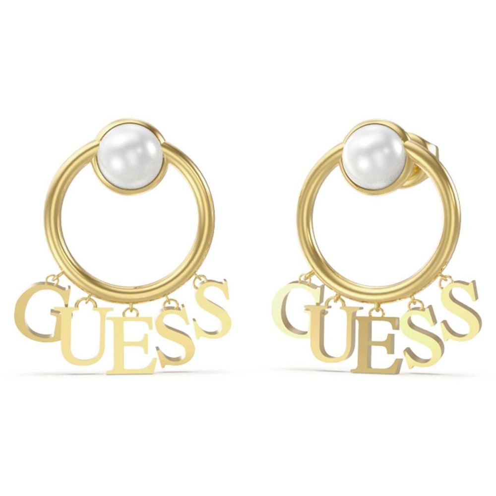 Guess Orecchini Acciaio Gold Perla e Scritta Guess
