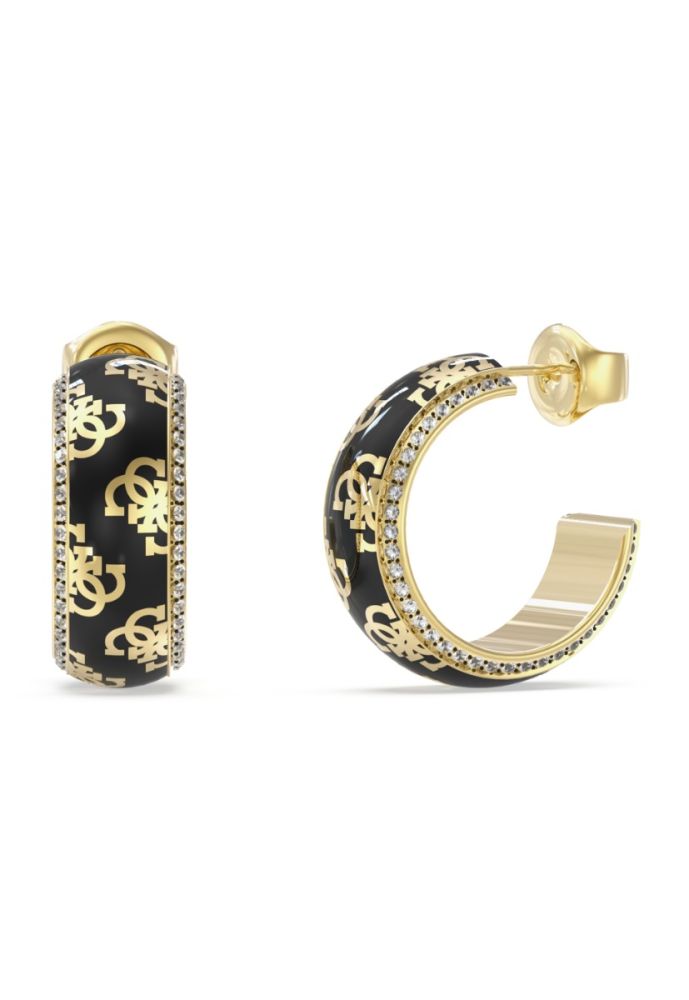 Guess Orecchini Acciaio Dorato Smalto Nero Logo 4G 