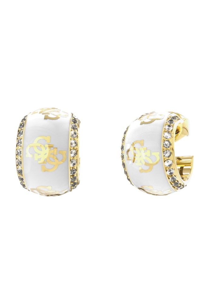 Guess Orecchini Acciaio Dorato Smalto Bianco Logo 4G 