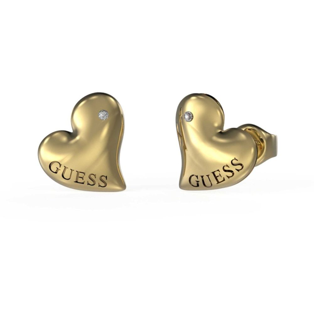 Guess Orecchini Lobo Cuore Acciaio Gold e Zircone Bianco