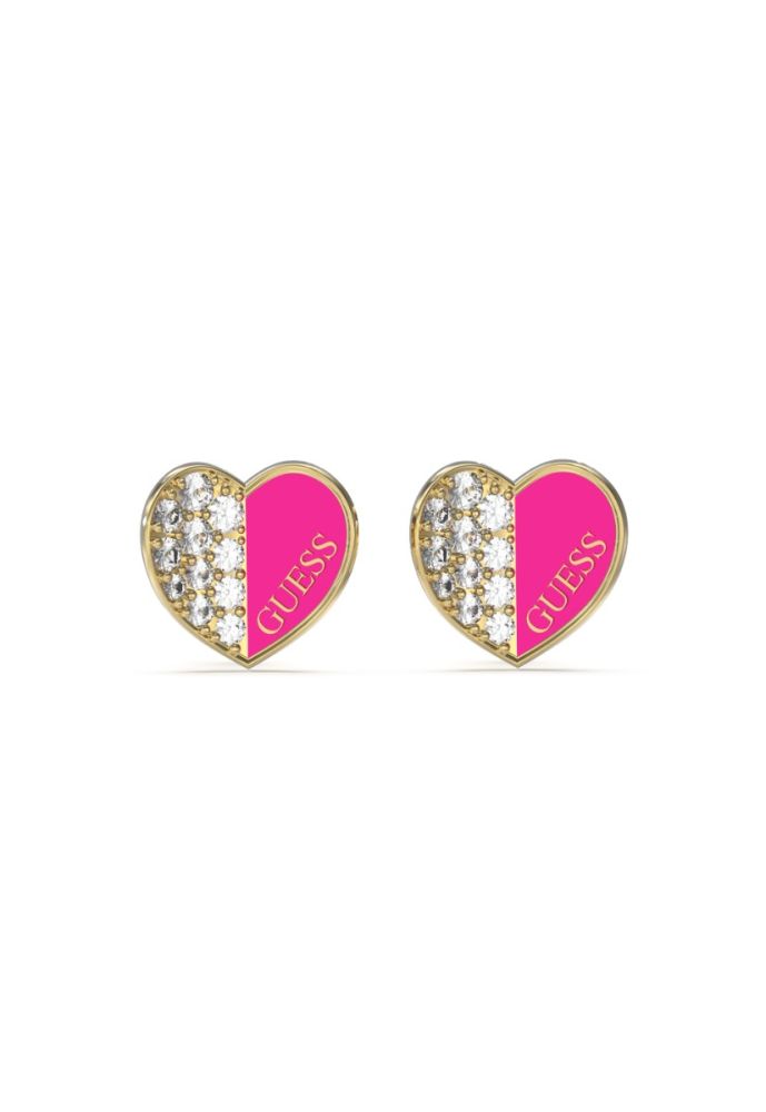 Guess Orecchini Lobo Acciaio Gold Cuore e Zirconi