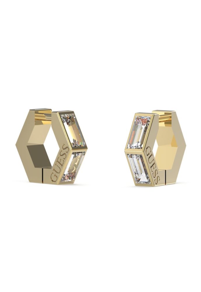 Guess Orecchino Esagonale Acciaio Gold Cristalli Bianchi